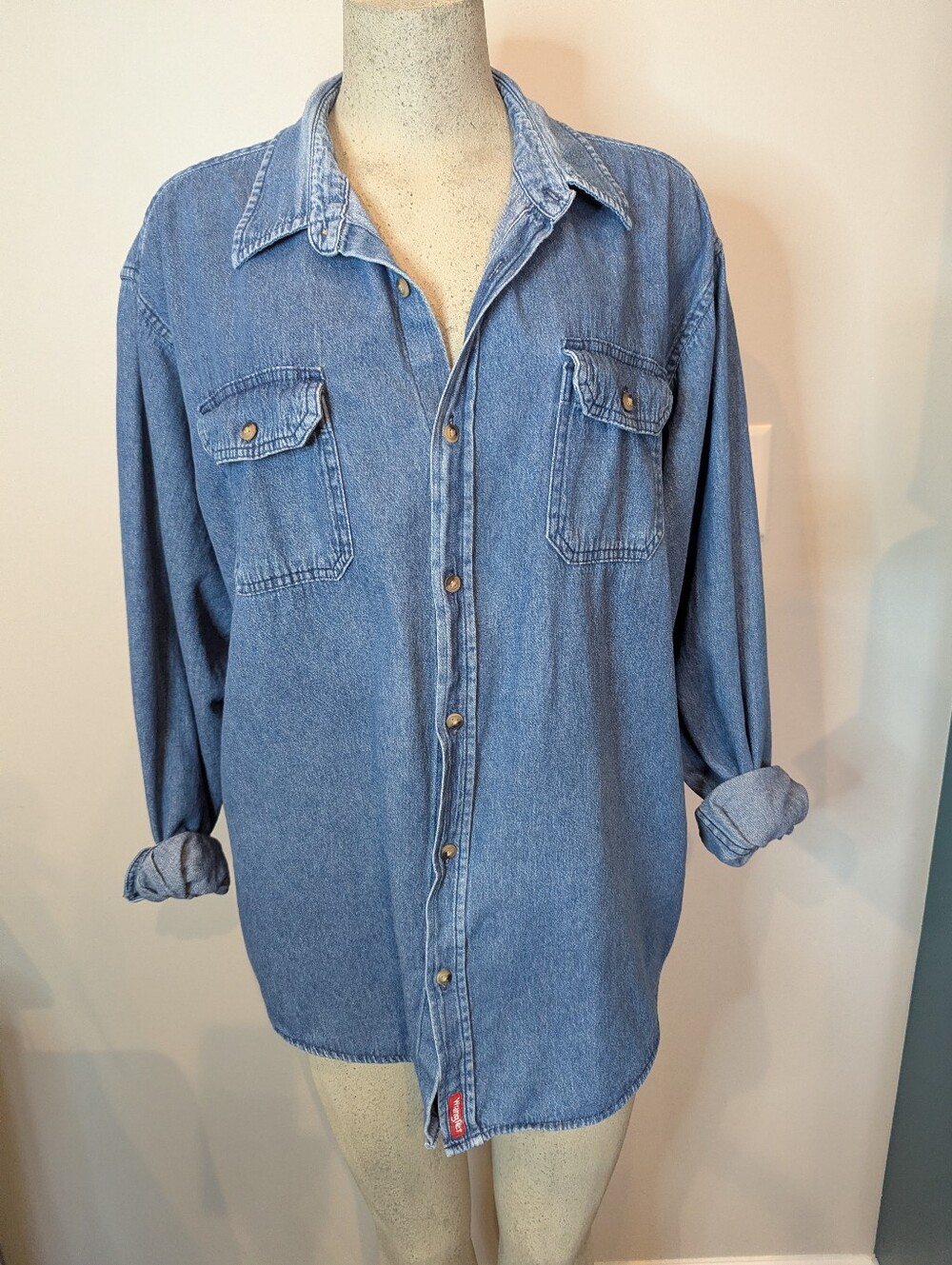 Vintage 90s Wrangler shirt Light-weight denim. Distressed faded with patina 2XL